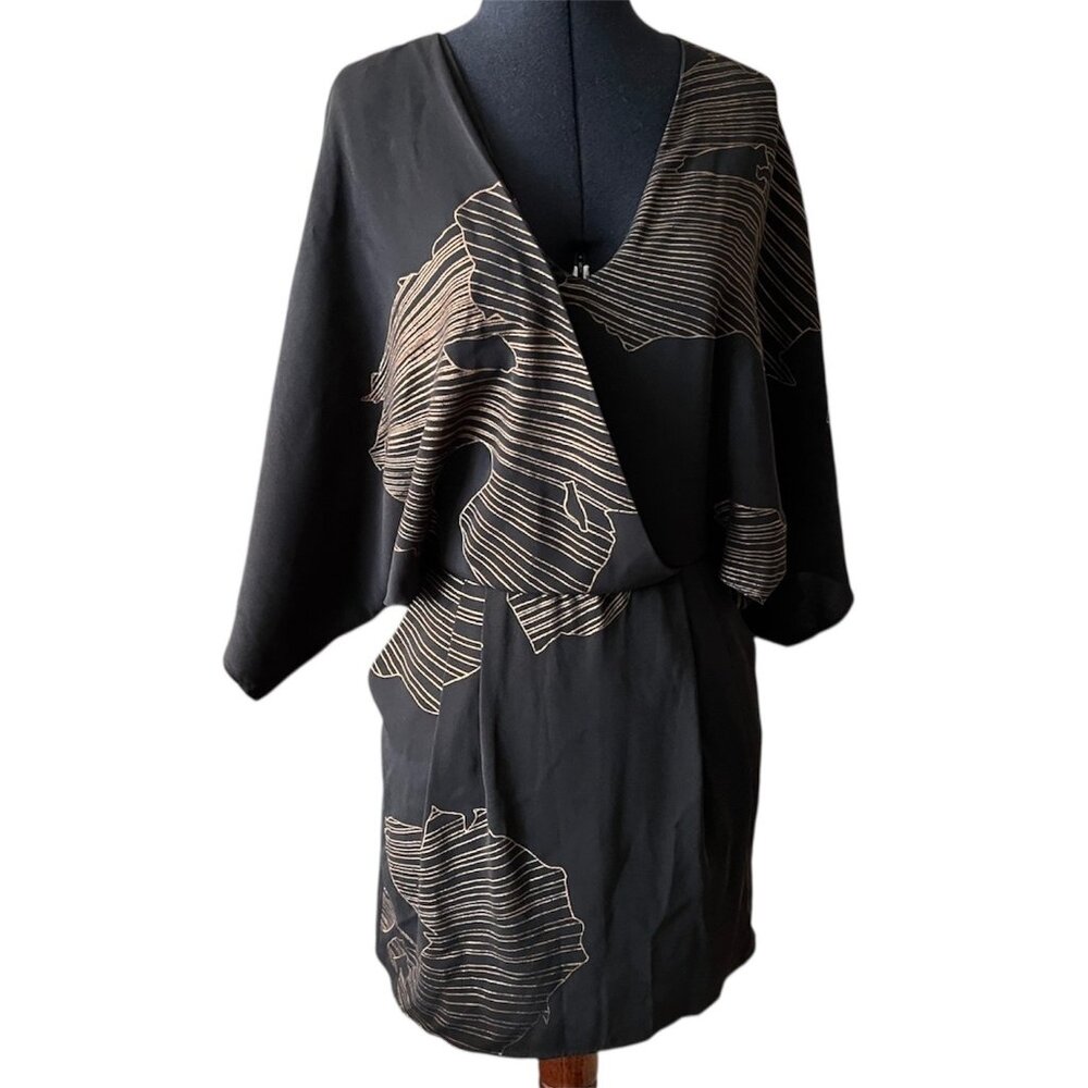 Halston Heritage Black & Gold Kimono Sleeve Mini Dress With Abstract Print Size